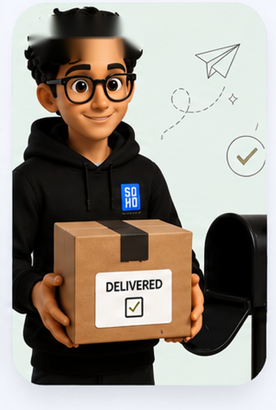 Holding a delivered package by the mailbox