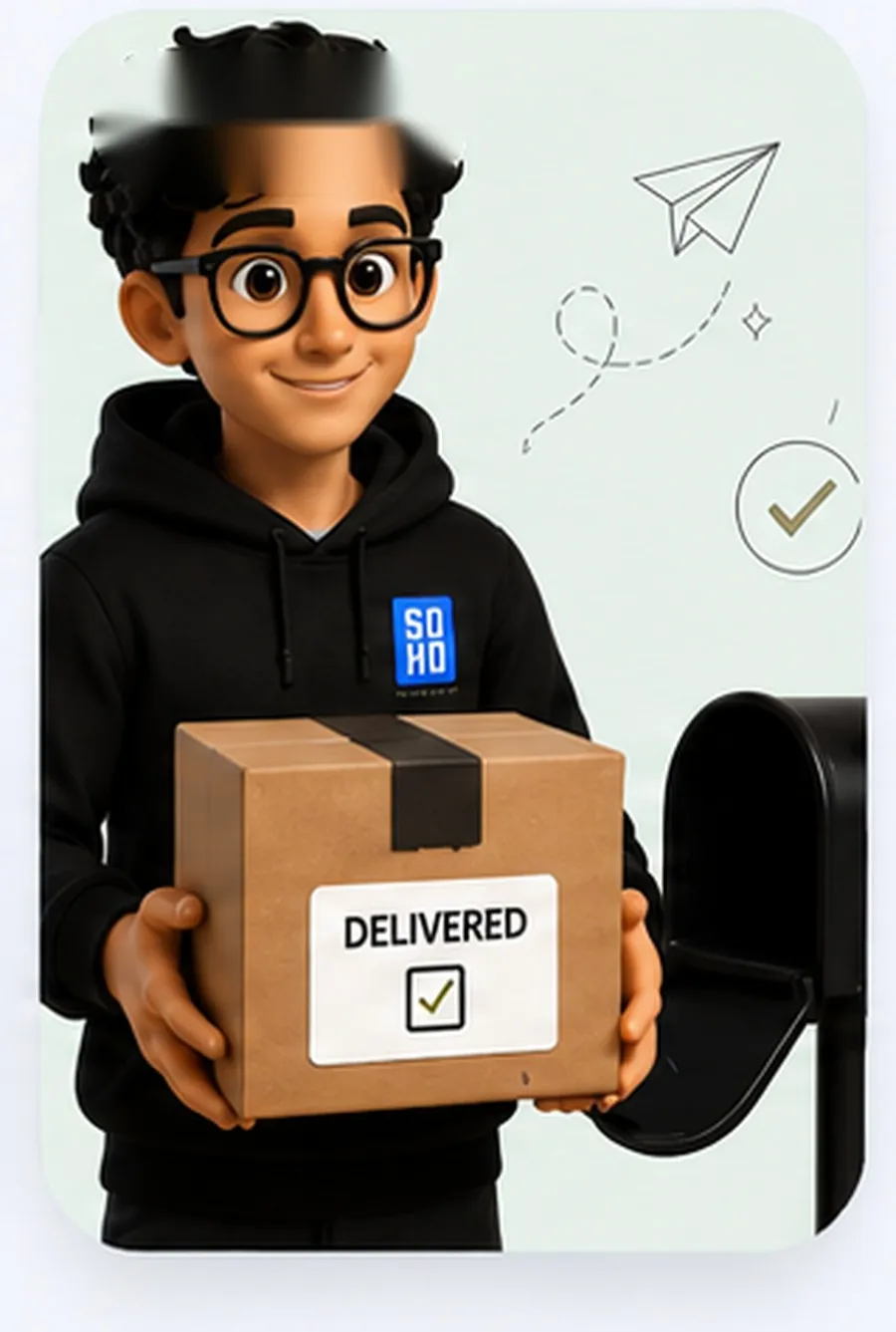 Holding a delivered package by the mailbox