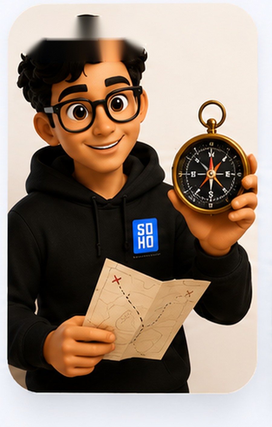 Fahad Soho character holding a compass and map, representing the Discover step