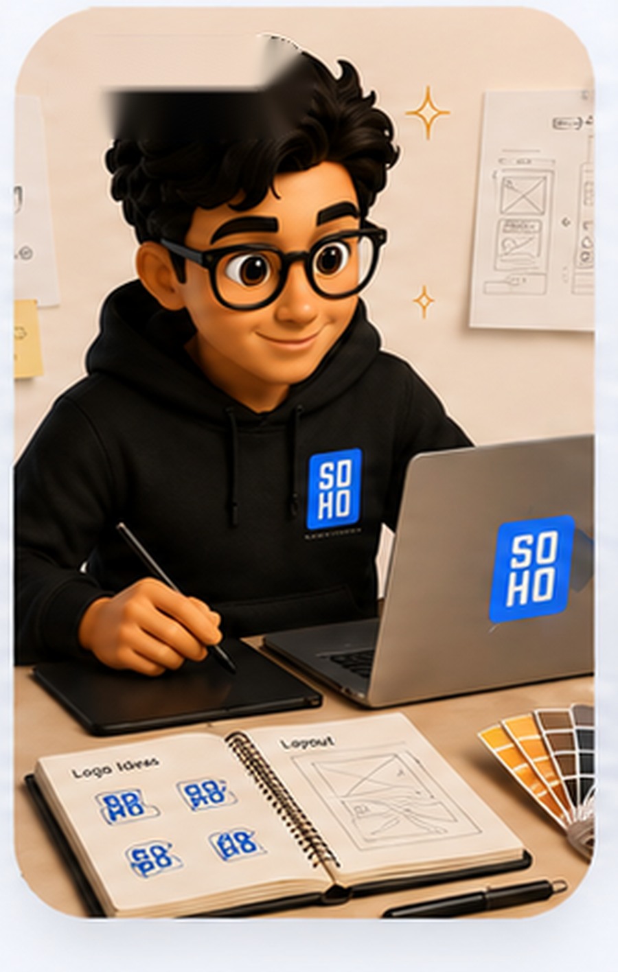 Designing on a laptop with a color palette
