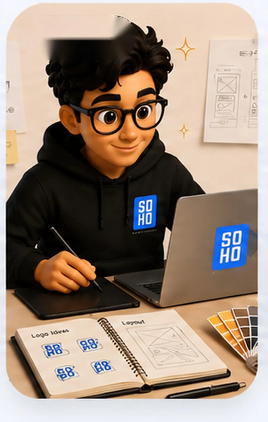 Designing on a laptop with a color palette